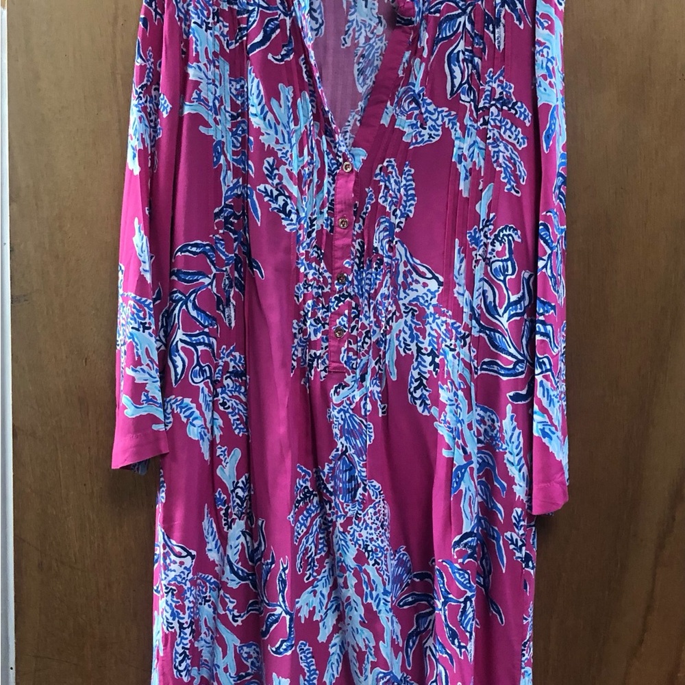 Hot Pink Floral Button-Front Tunic Dress